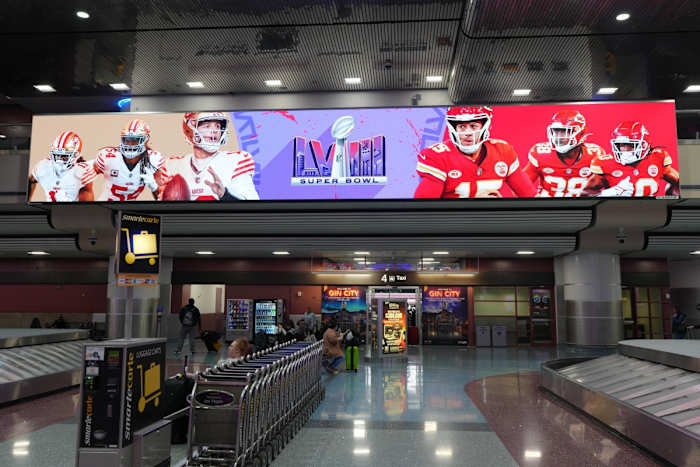 Feb 4, 2024; Las Vegas, NV, USA; A video display featuring images of San Francisco 49ers quarterback Brock Purdy and Kansas City Chiefs quarterback Patrick Mahomes. Mandatory Credit: Kirby Lee-USA TODAY Sports
